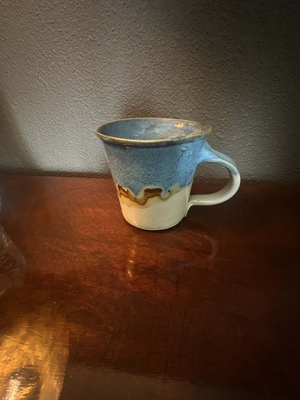Handmade Praise God Pottery Studio Stoneware Coffee Mug Blue and White Drip Glaz